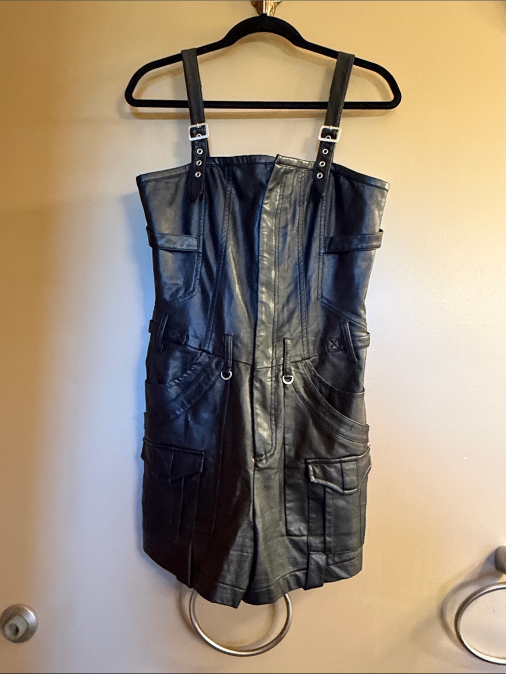 Free People Black Faux Leather Strap Utility Mini Romper